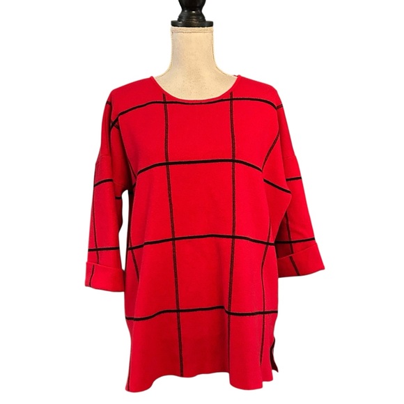Tahari Women’s Red 3/4 Sleeve Knit Plaid Windowpane Pullover Sweater Top SZ 2X - Picture 1 of 6